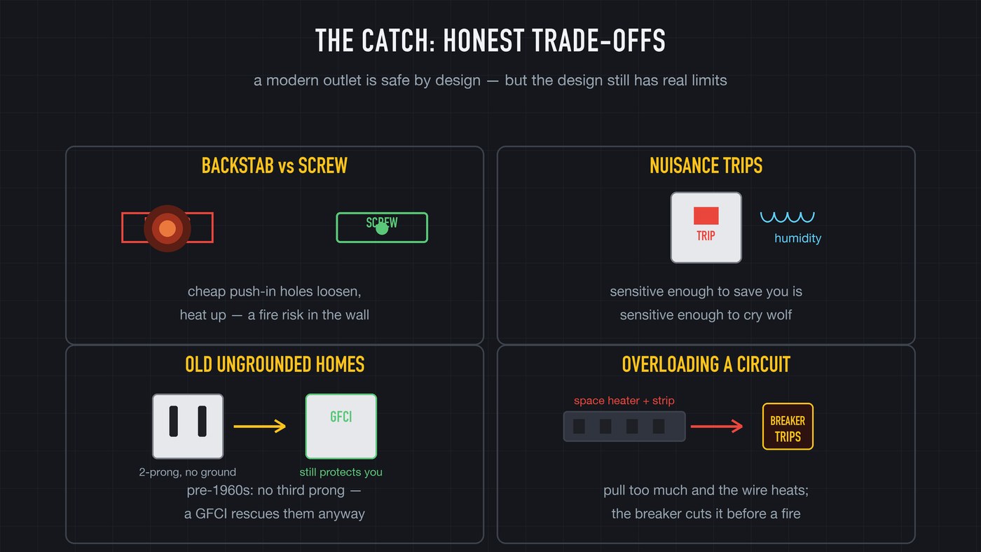 The honest ledger: backstabs loosen, GFCIs nuisance-trip, and breakers protect the wire rather than the person.
