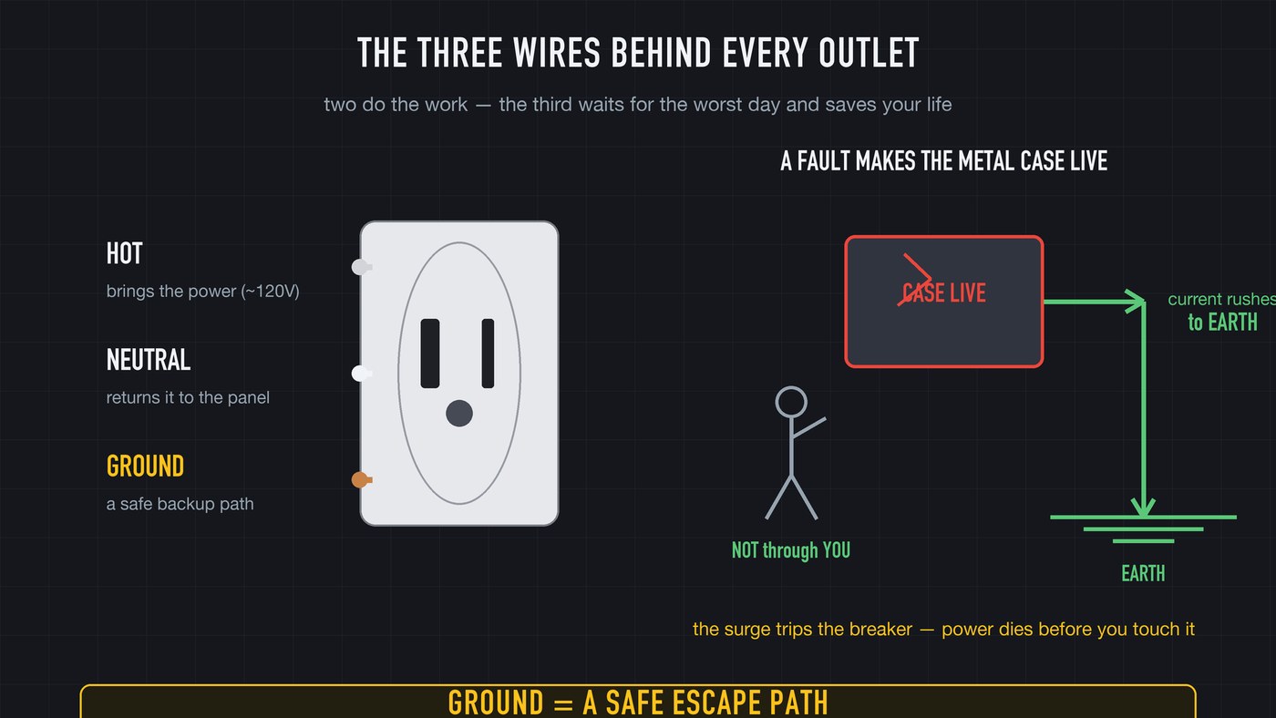 Hot delivers, neutral returns, ground waits. In normal operation the ground wire carries no current at all.